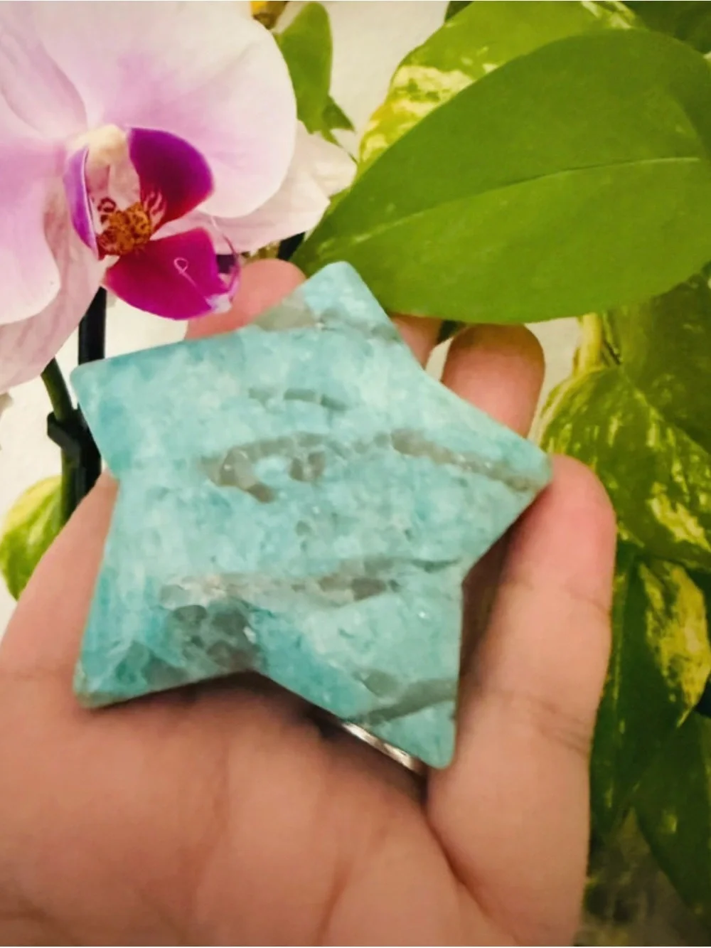 Amazonite Star Palm Stone Natural Teal Feldspar Star Carving for Harmony & Truth